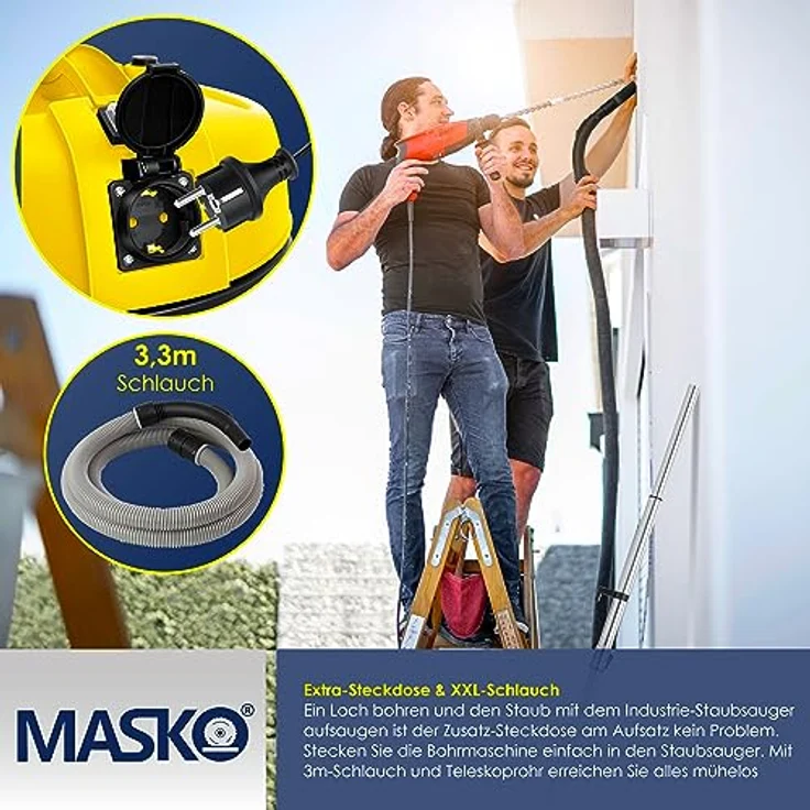 MASKO 6IN1 Industriestaubsauger Staubsauger Nass Trocken Sauger Aschesauger 2300W + Steckdose   Blasfunktion   Trocken-Saugen & Nass-Saugen   Industrie-Sauger mit & ohne Beutel   beutellos Gelb – Bild 4