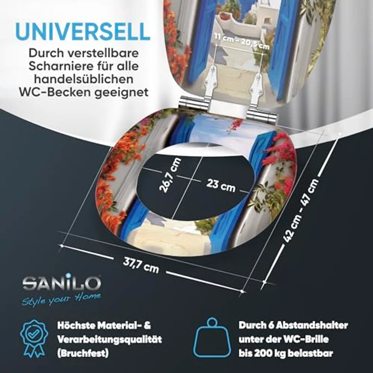 SANILO WC Sitz mit Absenkautomatik Greece, stabiler Toilettendeckel aus Holz, antibakterielle Oberfläche, passend für alle WC-Becken – Bild 5