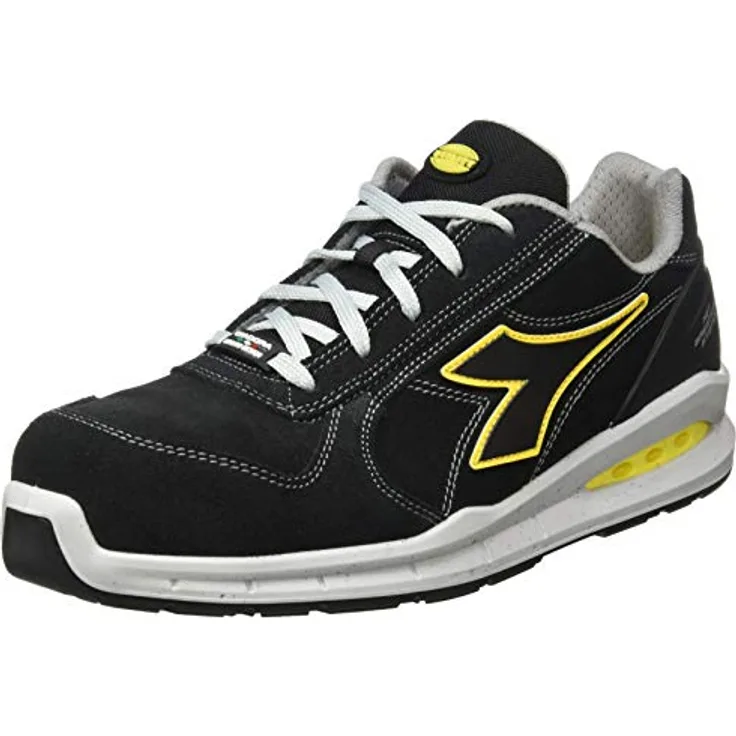 Diadora Run Net Air Box, S3 Sicherheitshalbschuhe aus Kalbswildleder, atmungsaktiv, schwarz, Gr. 46