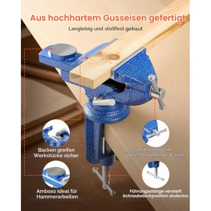 VEVOR Tischschraubstock, 7,62 cm, drehbar um 360°, Gusseisen, rutschfeste Backen für Holz- und Metallbearbeitung – Bild 5
