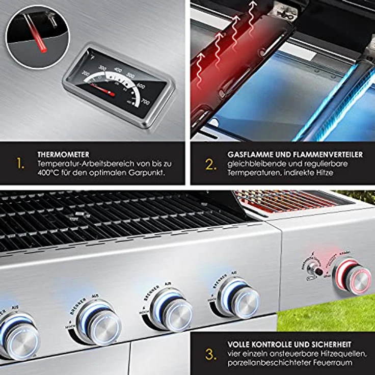 KESSER Gasgrill Master BBQ mit 800°C Infrarot & Grill-Thermometer, LED-Beleuchtung , Keramik 4+1 Brenner aus Edelstahl XXL Grillwagen Grill, Seitenkocher, 5-11 KG Gasflasche Piezozündung Silber - Preisvergleich – Bild 5