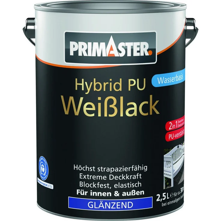 Primaster Hybrid PU-Weißlack, weiß glänzend, 2,5 L für innen & außen, hohe Deckkraft