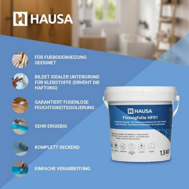 HAUSA Flüssigfolie HF01, Dichtmasse für Bad und Küche, 1,5kg (1,5m²), blau, absolut wasserdicht, lösemittelfrei, elastische Abdichtung unter Fliesen – Bild 2