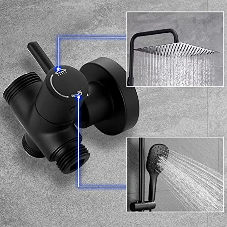 Görbach Regendusche Duschsystem ohne Armatur, Eckig 25x25 cm, XL-Regenduschkopf und 3 Strahlarten, Schwarz – Bild 4