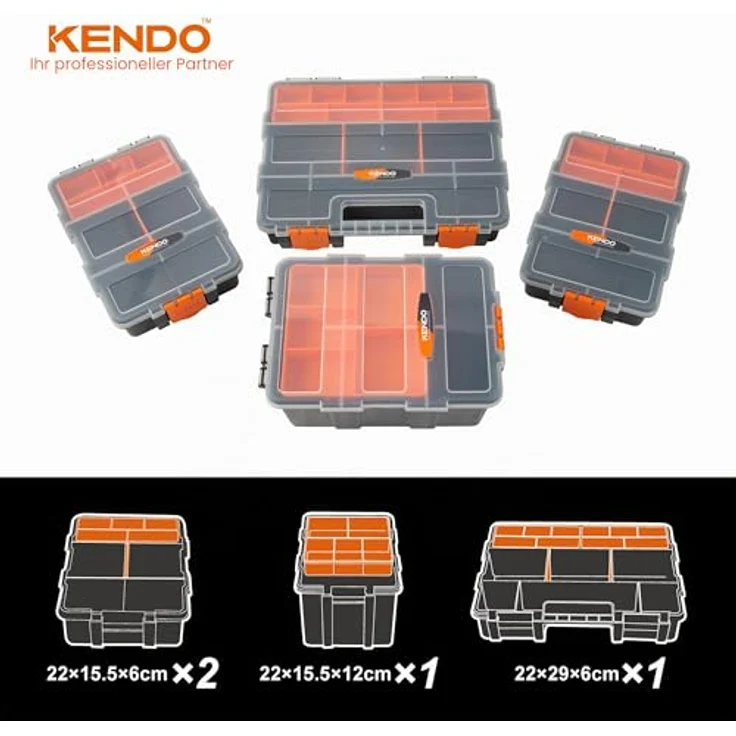 KENDO Sortimentskasten Set 4-teilig, mit 49 Fächern, transportable Werkzeugbox aus bruchfestem Polypropylen – Bild 4