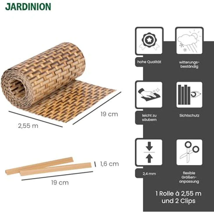 Jardinion Sichtschutzstreifen Rattan Optik, 250 x 19 cm, hellbraun, wetterfest und UV-beständig, inkl. 2 Befestigungsclips – Bild 2