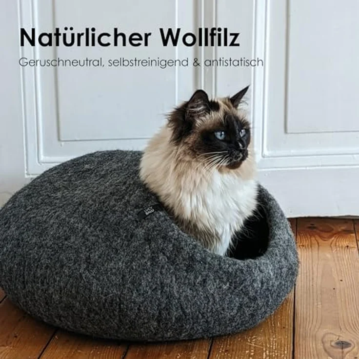 LucyBalu® Premium Katzenhöhle aus Filz, handgefertigt in Nepal, 100% Schafwolle, grau, 45x45x28 cm, geruchsneutral und antistatisch – Bild 3