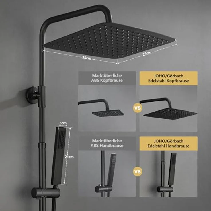Görbach Regendusche Duschsystem mit Thermostat, XXL Kopfbrause 35x25 cm aus Edelstahl, Schwarz, intelligente Temperaturkontrolle und höhenverstellbare Duschstange – Bild 3