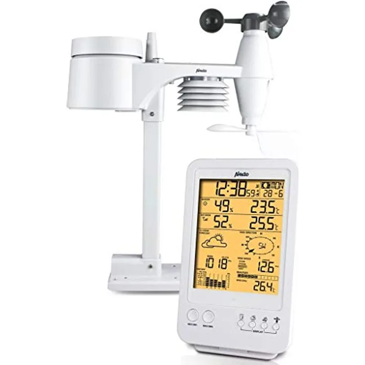 Alecto WS-4800 Funk Wetterstation mit großem Display. Misst die Temperatur, Windgeschwindigkeit, Luftdruck, Luftfeuchtigkeit und Niederschlagsmenge. Außensensor mit bereich von bis zu 100 M.