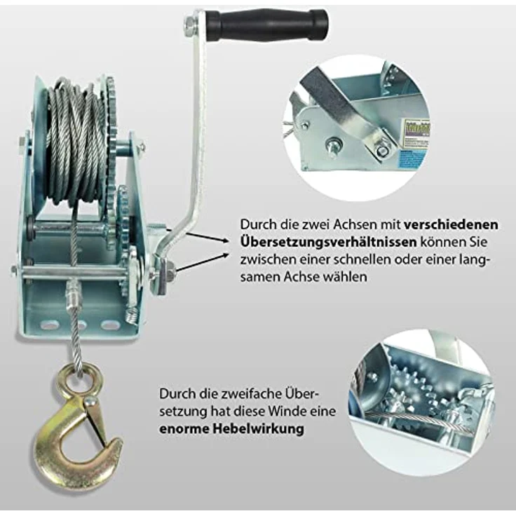 TRUTZHOLM Handseilwinde 1130 kg, 10 m, stabile Stahlkonstruktion mit zweifacher Übersetzung und 23 cm Kurbelarm – Bild 4