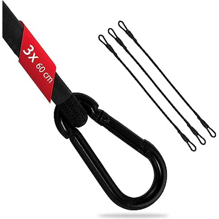 ECENCE 3X Spanngummi mit Karabiner aus Edelstahl 60cm in Schwarz Latex Spanngurte, Gepäckspanner, Expander, Spannseil - Sicherer Halt für Fahrrad, Auto und Gepäck – Bild 1