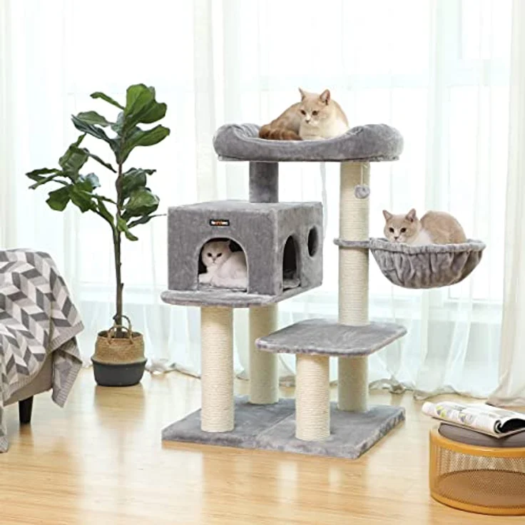 Feandrea Kratzbaum mit XXL Aussichtsplattform, Liegemulde, große Kuschelhöhle, verstellbare Elemente, extra Dicke Stämme komplett mit Sisal umwickelt, Katzenbaum, stabil, Hellgrau PCT01W – Bild 3