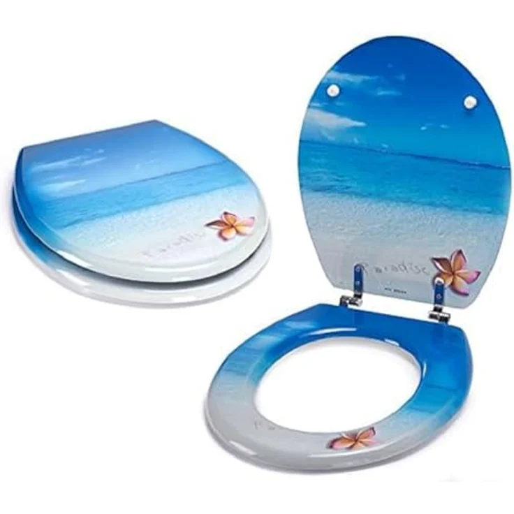 MSV WC-Sitz Paradise, MDF, 42,5 cm x 36,5 cm x 5 cm, mit Edelstahl-Scharnieren, blau, hygienische Oberfläche, feuchtigkeitsbeständig – Bild 1