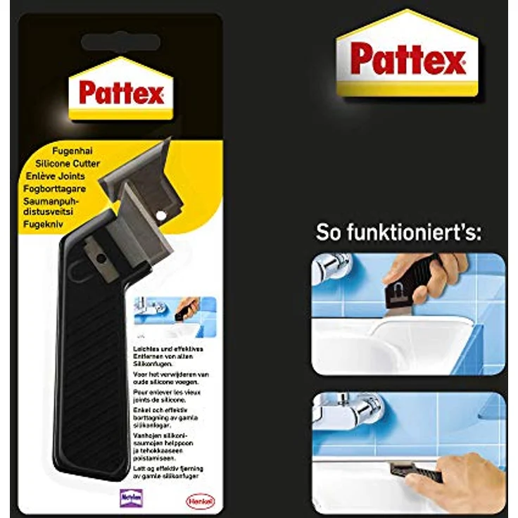 Pattex Fugenhai, handlicher Fugenkratzer zum Entfernen von alten Silikonfugen im Sanitärbereich, vielseitiges Fugenmesser, 1er Pack mit Ersatzklinge – Bild 4