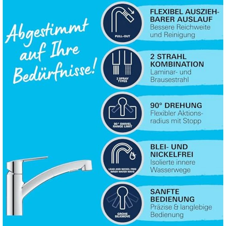 Grohe Küchenarmatur Start Einhebelmischer, QuickFix mit herausziehbarer Dual Spülbrause, chrom – Bild 6