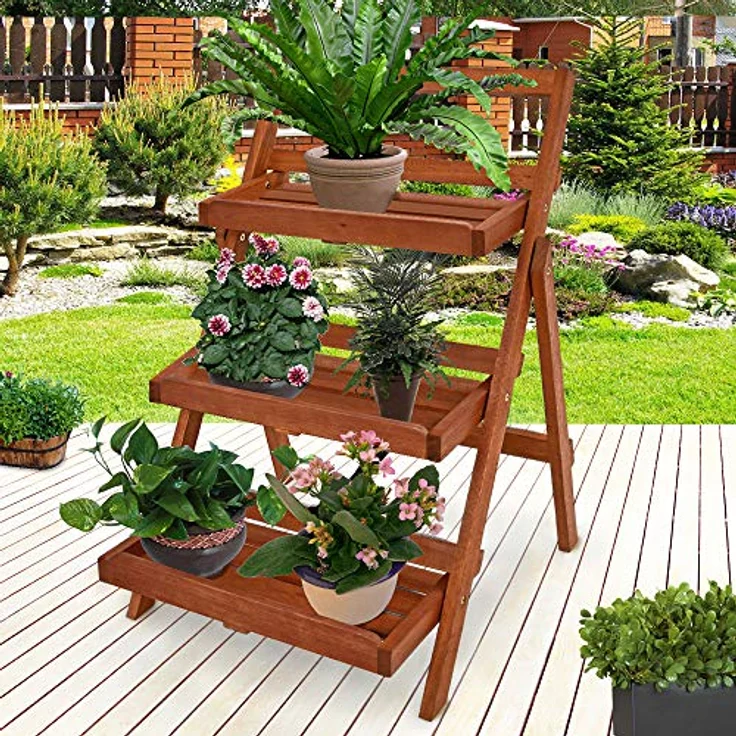 Blumentreppe 3 Stufen Regal 79 x 59 x 56cm Akazienholz Pflanzregal Blumenregal Blumenleiter – Bild 9
