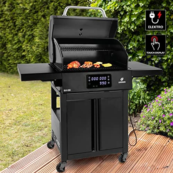 LANDMANN Elektro-Grillwagen EG-II-591 | Leistungsstarker Standgrill mit 2 Fleischthermometern & Deckelthermometer | Ohne Gas & ohne Kohle grillen | Grillfläche ca. 59 x 40,5 cm | 3200W [Schwarz] - Preisvergleich – Bild 4