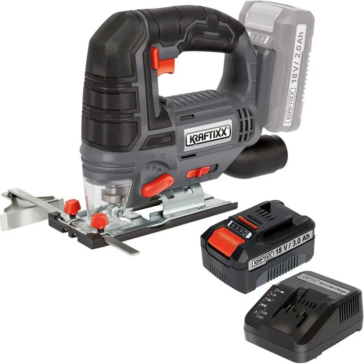 KRAFTIXX® KX-SS 18 Li, Akku-Stichsäge Set mit 3,0Ah Akku, Power X-Change kompatibel, Pendelhub, Spanreißschutz