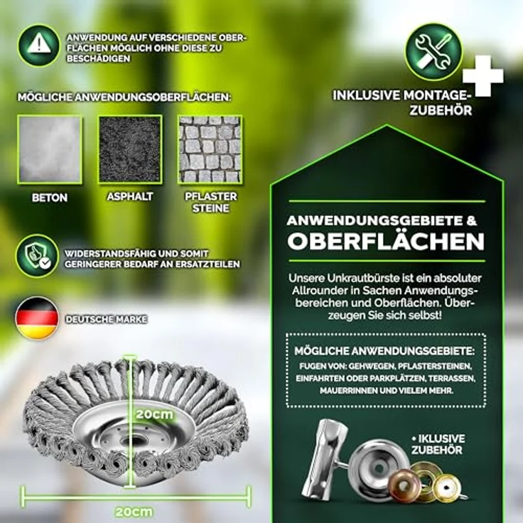 tillvex Benzin-Rasentrimmer tillvex® Unkrautbürste Wildkrautbürste Motorsense Freischneider, (Packung) - Profi Unkrautbürste für Freischneider mit 36 Stahldrahtbürsten, hitzebeständig und langlebig, inkl. Montagezubehör – Bild 6