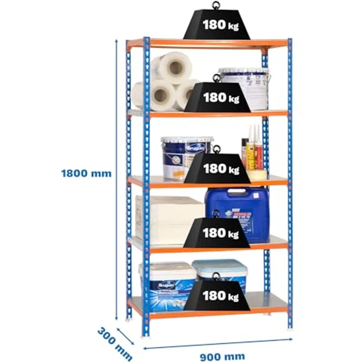 Simonrack Simonclick Plus Metallregal, 180 x 90 x 30 cm, Traglast 180 kg pro Boden, 5 Böden, Stecksystem, Blau/Orange – Bild 2