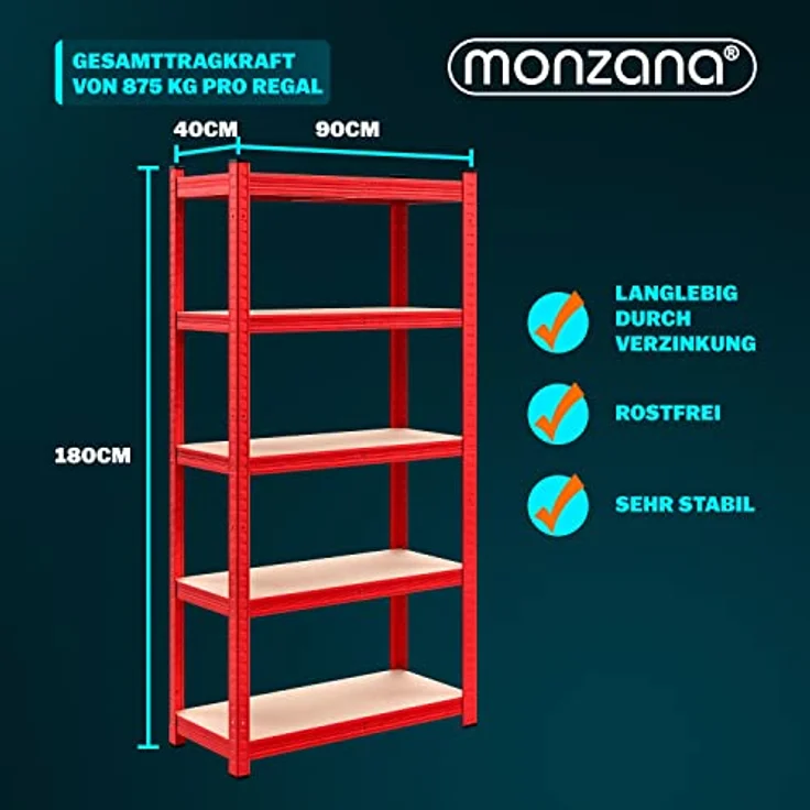 2x Monzana Schwerlastregal 180x90x40cm 875kg rot 5 MDF-Platten Lagerregal Kellerregal Steckregal Werkstattregal - Preisvergleich – Bild 3