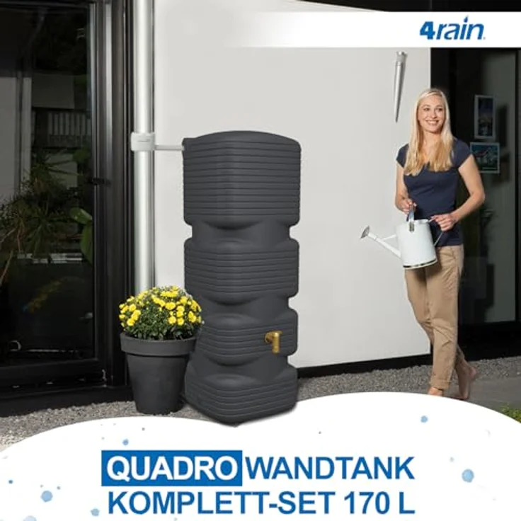 4rain Quadro Regentonne Wandtank Komplett-Set 170 Liter Graphite Grey, inkl. Kunststoff-Auslaufhahn und Fallrohranschluss, für schmale Standorte, schlichtes Design für Balkon und Garten – Bild 2