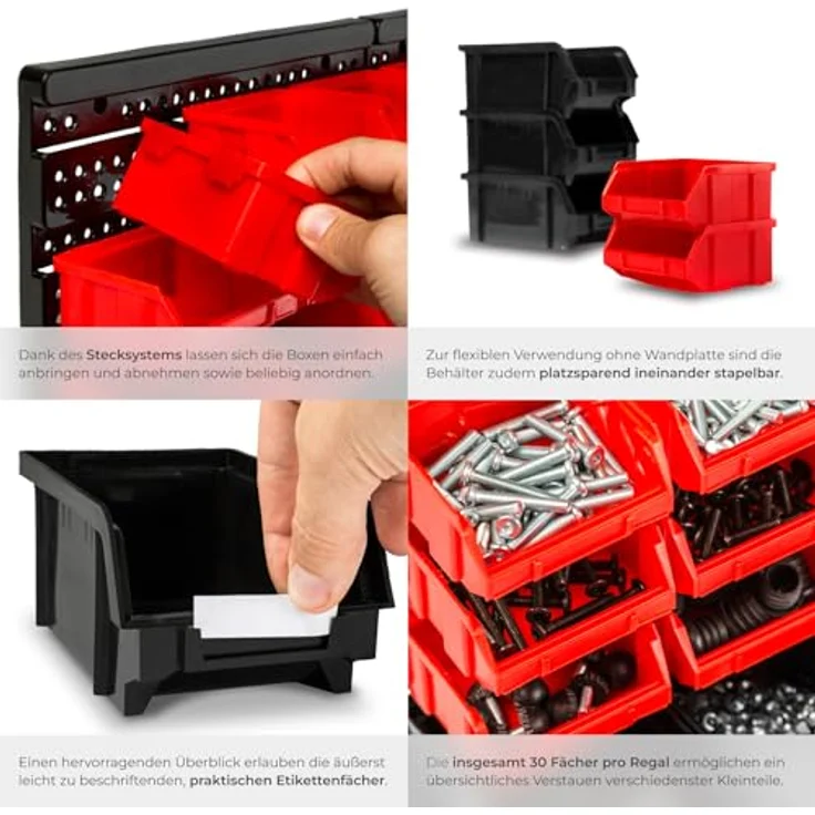 tectake® Werkstatt Wandregal, 62-teilig, inkl. Stapelboxen und Kleinteilemagazin, flexibles Ordnungssystem für Werkstatt und Garage – Bild 3