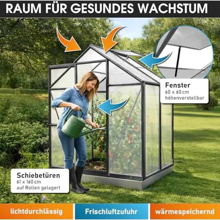 "BRAST Gewächshaus Aluminium mit Fundament rostfrei 130x190x195cm, BxTxH: 190 x 130 x 195 cm, wetterfestes hochwertiges Aluminium, Temperaturbeständig, Wärmedämmend, Lichtbrechend & UV-stabilisiert, grün" – Bild 7