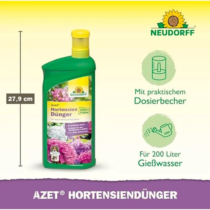 Neudorff Azet HortensienDünger, Bio Blumendünger 1L für 200L Gießwasser, 100 % organisch und vegan, hoher Kaliumgehalt mit Extra Eisen für prächtig blühende Hortensien – Bild 3