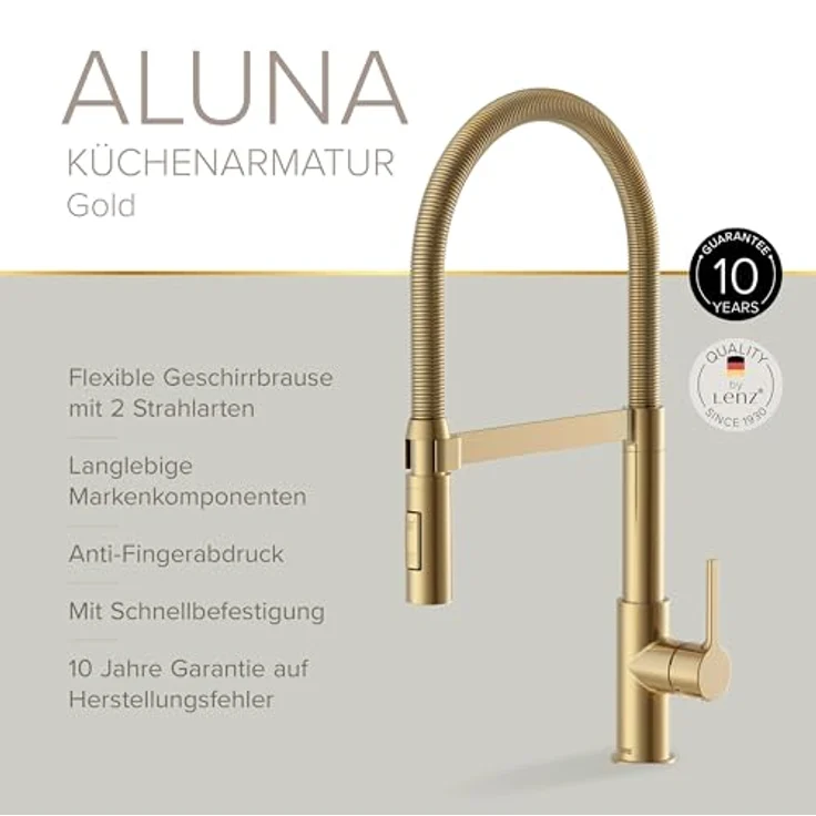 Lenz Küchenarmatur ALUNA Gold, flexible Geschirrbrause mit 2 Strahlarten, Anti-Fingerabdruck Oberfläche, hochwertige Keramikkartusche und Markenmischdüse – Bild 4