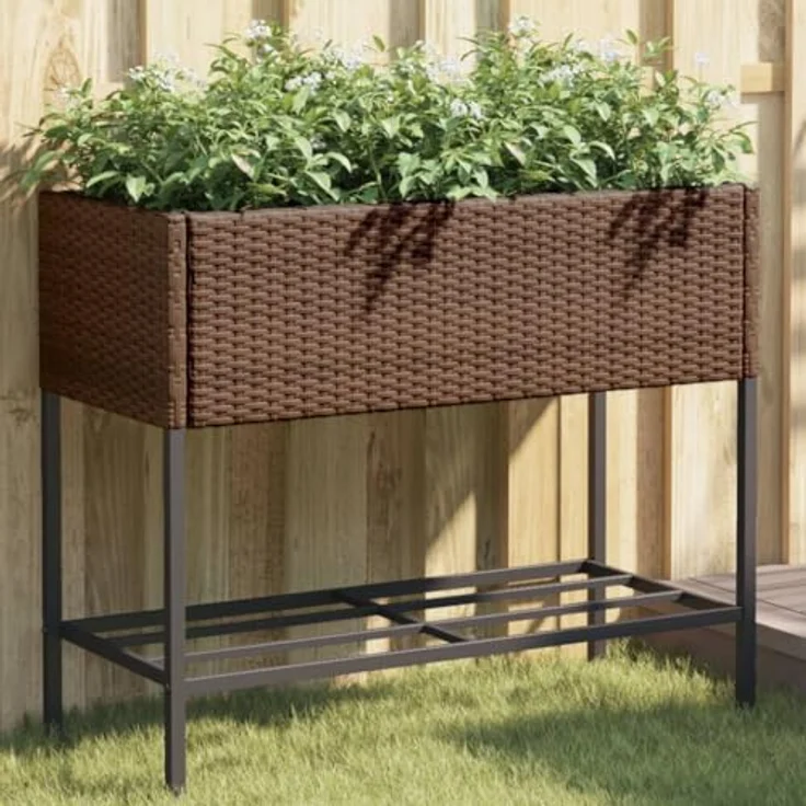 vidaXL Pflanzkübel mit Ablage Braun Poly Rattan, PE-Rattan, stabiles Gestell, praktische Ablage – Bild 2