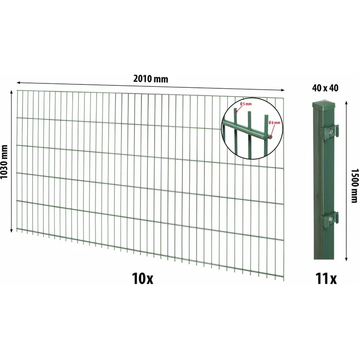 Floraworld Doppelstabmatten-Zaun Set Comfort, 20 m mit 10 Doppelstabmatten 201 x 103 cm und 11 Pfosten 150 cm, moosgrün