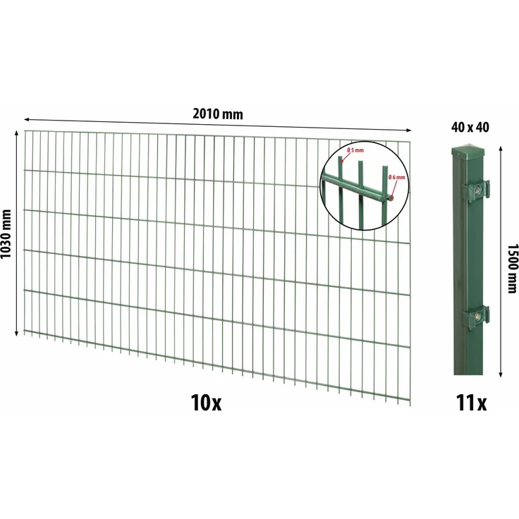 Floraworld Doppelstabmatten-Zaun Set Comfort, 20 m mit 10 Doppelstabmatten 201 x 103 cm und 11 Pfosten 150 cm, moosgrün