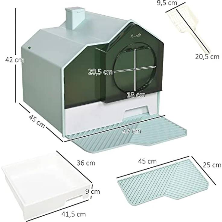 PawHut Katzentoilette Katzenklo mit Bodenwanne, Schaufel, Filter, Toilette mit Haube für Katzen bis 8 kg, ABS, Kunststoff, Hellblau 47 x 45 x 42 cm – Bild 5