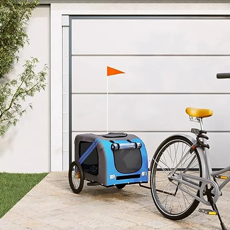 vidaXL Fahrradanhänger für Hunde, Hundeanhänger mit Reflektoren Flagge, Hundetransporter Maximale Belastbarkeit 45kg, Blau Grau Oxford-Gewebe Eisen – Bild 2