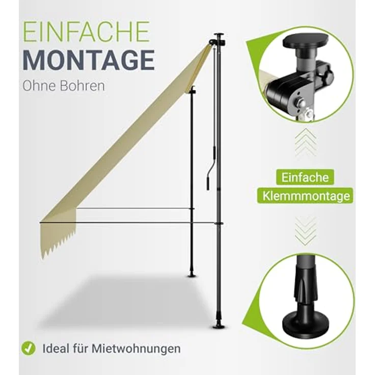 Juskys Klemmmarkise Kapstadt 300x120 cm - Höhenverstellbar & UV-beständig - Wetterfest & Sichtschutz - Terrassenüberdachung Beige – Bild 3