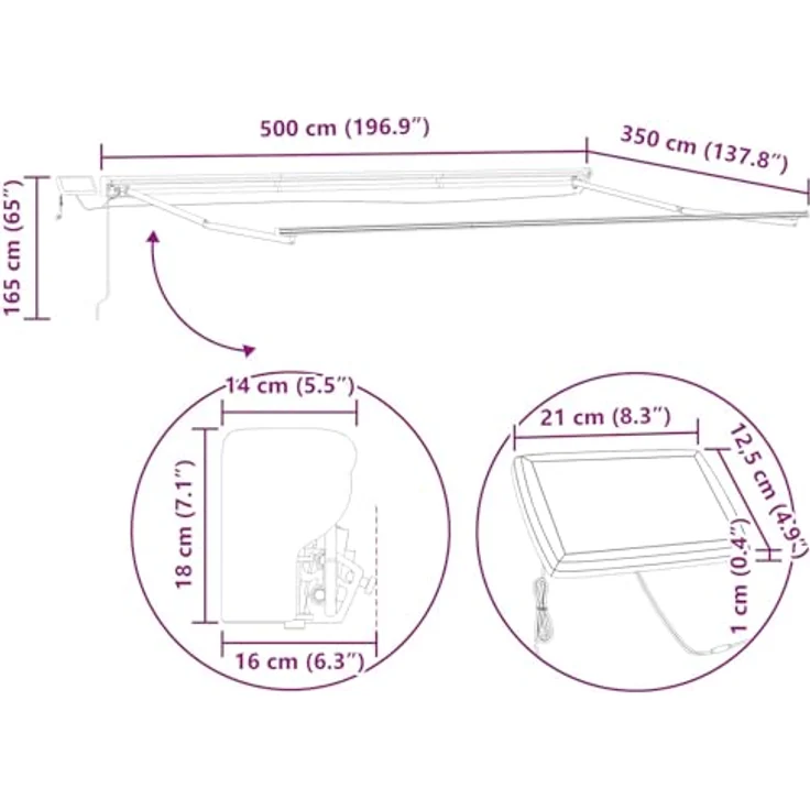 vidaXL Manueller Markisenrahmen mit LEDs, Weiß, 5 x 3,5 m – Bild 2