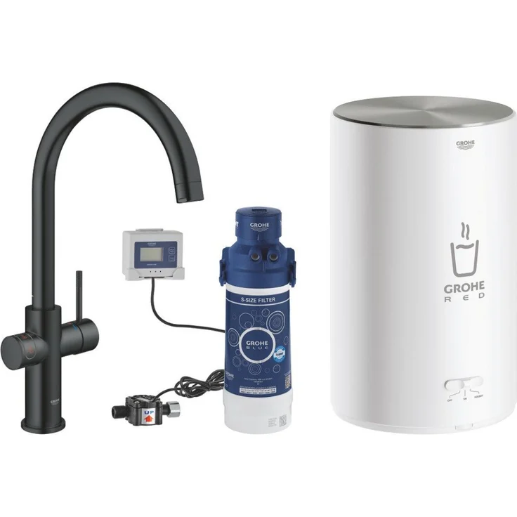 Grohe Red Duo Küchenarmatur & Boiler Größe M, hochglanz schwarz, sofort kochend heißes Wasser, kindersichere Bedienung, C-förmiger Auslauf mit 150° Schwenkbereich