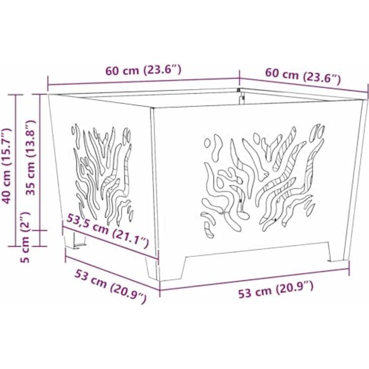 vidaXL Feuerstelle Schwarz, quadratischer Stahl-Outdoor-Feuerkorb 60 x 60 x 40 cm, hitzebeständig für Garten und Terrasse – Bild 4