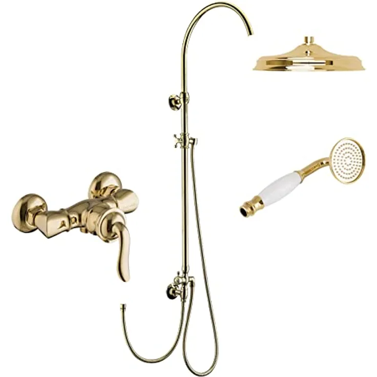 PaulGurkes Duscharmatur PGSET1CLASSIC-ZR, Goldene Duschsystem mit 2-Wege Umsteller, Massivmessing und Hochdruckarmatur