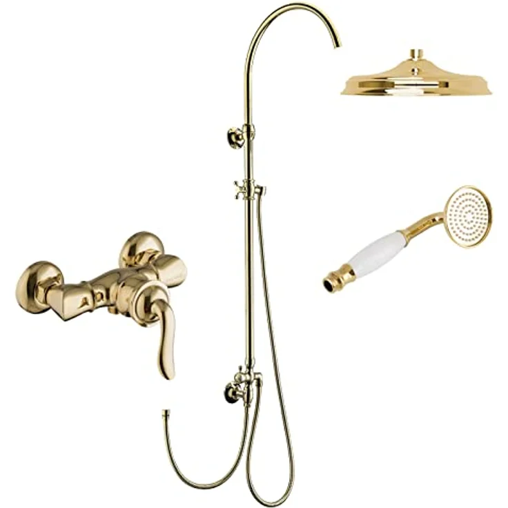 PaulGurkes Duscharmatur PGSET1CLASSIC-ZR, Goldene Duschsystem mit 2-Wege Umsteller, Massivmessing und Hochdruckarmatur – Bild 1