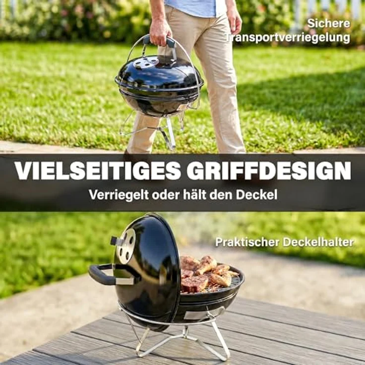 Outsunny Holzkohlegrill BBQ Smoker, tragbarer Kugelgrill mit verstellbaren Lüftungsschlitzen und Deckelgriff, Ø41 cm, Schwarz – Bild 4