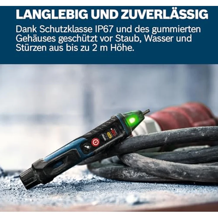 Bosch Professional GVD 1000-17, Hochleistungs-Spannungsprüfer mit IP67 Schutz, 24 V bis 1.000 V AC, rot/orange/grün leuchtende Spitze, Gürtelclip, Taschenlampe – Bild 5