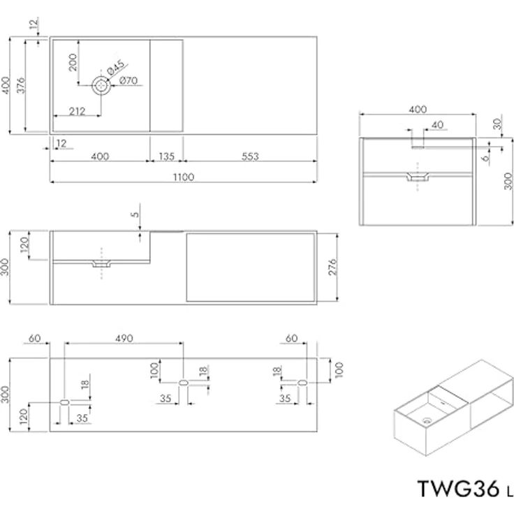 Bernstein Badshop Wandwaschbecken Aufsatzwaschbecken TWG36 aus Mineralguss Solid Stone mit Ablagefach - 110x40x30cm, Weiß Matt – Bild 5