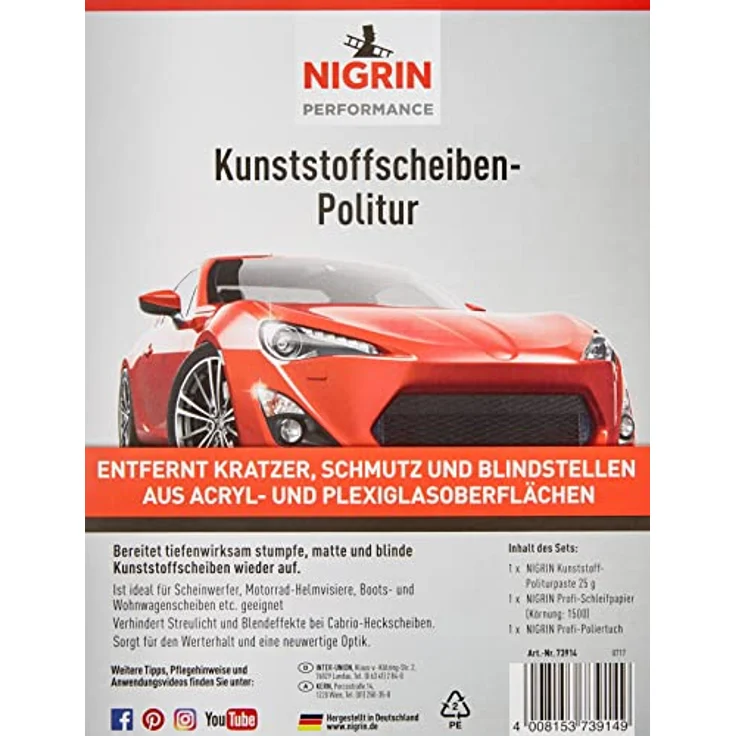 NIGRIN 73914 RepairTec Acryl-und Plexiglas Politur-Set: 1 x Kunststoff-Politurpast, 1 x Schleifpapier, 1 x Poliertuch – Bild 3