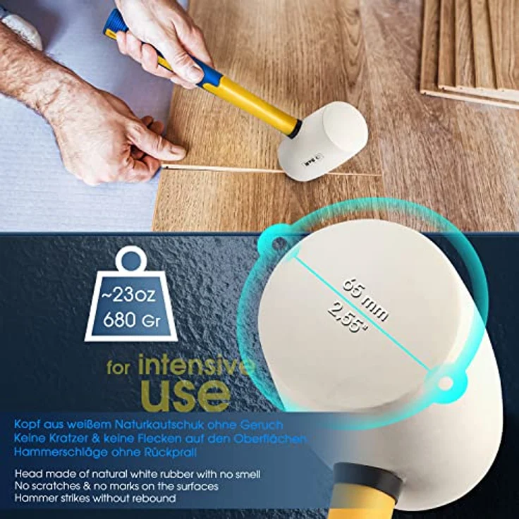 S&R Gummihammer weiß 65 mm, 680 Gr, mit rutschfestem Fiberglasstiel – Bild 3