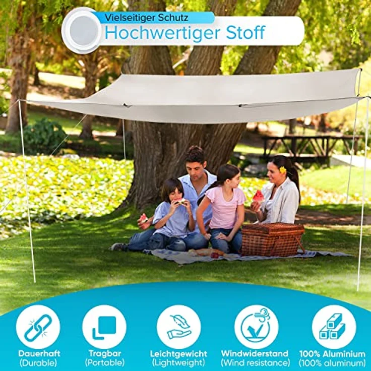 Defacto Sonnensegel Wasserdicht Rechteckig 3x4m UV-Schutz & Wetterschutz Sonnenschutz Set inkl Befestigungsseile mit 4 Stangen, für Balkon, Terrasse, Camping, Polyester | Beige – Bild 4