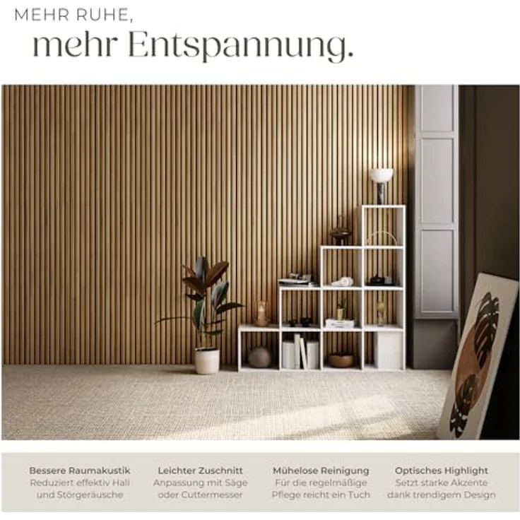 tectake® 3D Akustikpaneele, Wandpaneele in Holzoptik, Schallabsorber für Wohnzimmer und Küche, Eiche, 4er Set, 120 x 60 x 2,1 cm – Bild 3