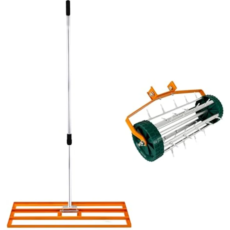 T-Mech Belüfter und rollender Rasennivellierer I 3.8cm Spitzen I 100cm x 32cm Orangefarbener Nivellierrechen, Abnehmbarer, ausziehbarer Doppelzweck-Griff