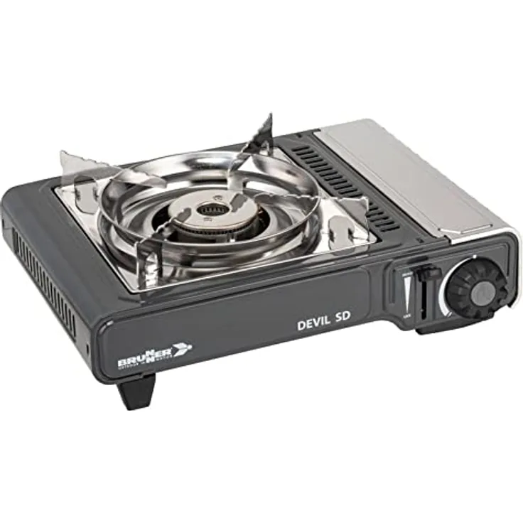 Brunner Campingkocher, tragbarer Gaskocher mit 2-Flammen-Brenner, Piezozündung und Zündsicherheitsthermoelement, mit Kunststoff-Tragekoffer